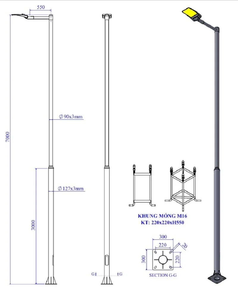 Bản vẽ cột đèn đường đơn do HALEDCO thiết kế