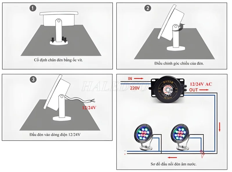 Hình ảnh mô phỏng cách lắp đèn dưới nước 6w cơ bản