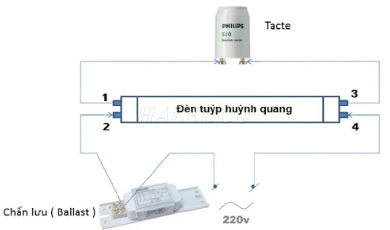 Sơ đồ lắp đặt đấu nối đèn huỳnh quang