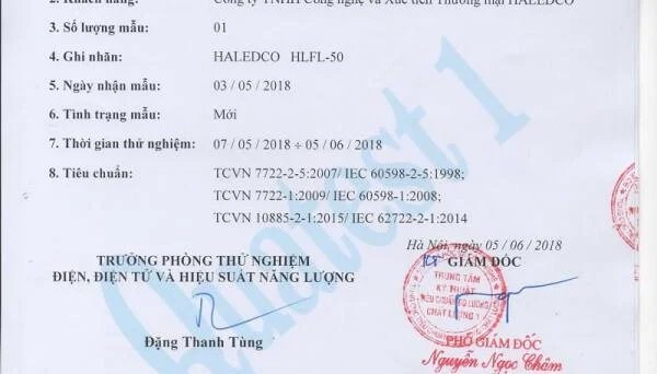 Chứng nhận Quatest cho đèn pha LED FL5-50W HALEDCO