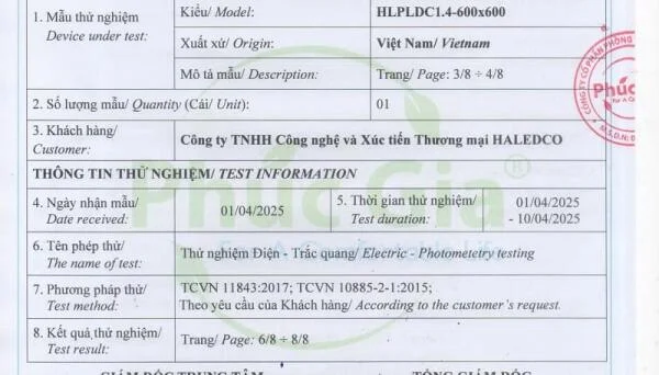 Kết quả thử nghiệm đèn LED Panel 40W 600×600 HALEDCO