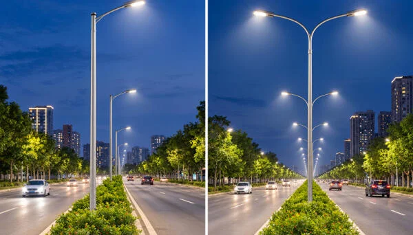 So sánh cột đèn đơn và cột đèn đôi cho dải phân cách