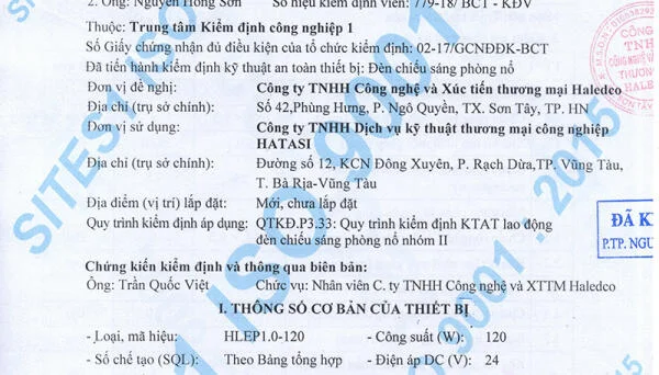 Giấy chứng nhận kiểm định đèn chống nổ HLEP1.0-120