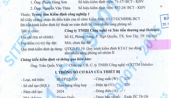 Kết quả kiểm định đèn chống nổ HLEP1.2-120