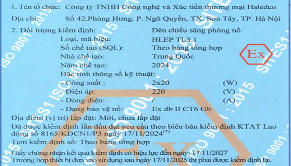 Công bố kết quả kiểm định đèn chống nổ HLEP TL3.1