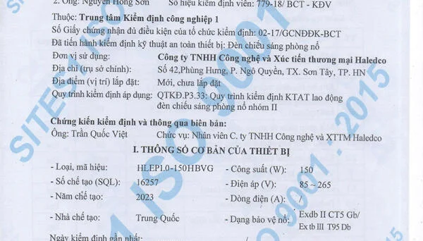 Giấy chứng nhận kiểm định đèn chống nổ HLEP1.0-150HBVG