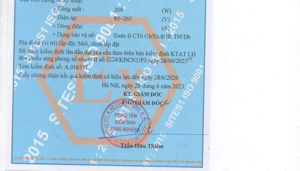 Giấy chứng nhận kiểm định chống nổ đèn HLEP1.0 - 200HBVG