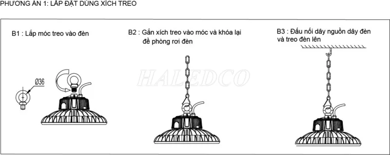 Cách treo đèn nhà xưởng bằng dây xích