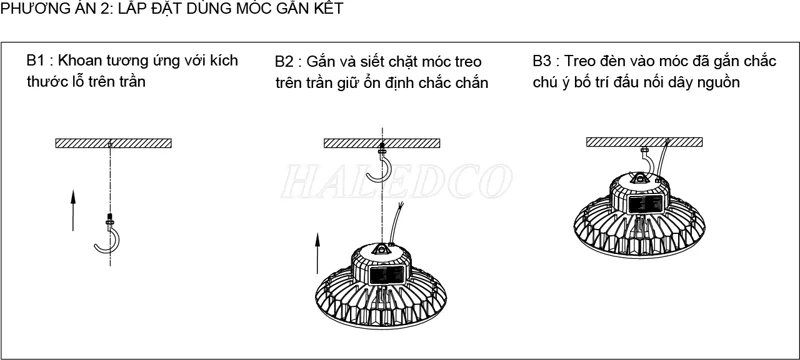 Cách treo đèn nhà xưởng bằng móc trực tiếp