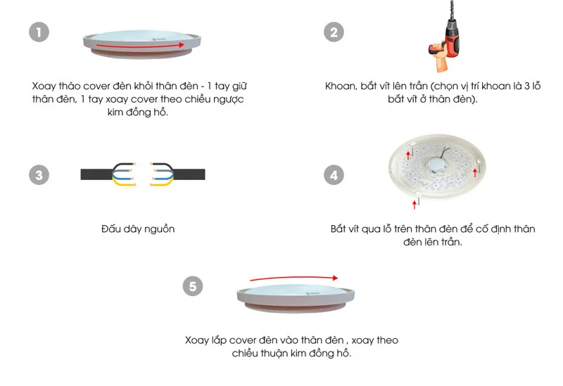 Các bước lắp đặt đèn ốp trần đổi 3 chế độ màu