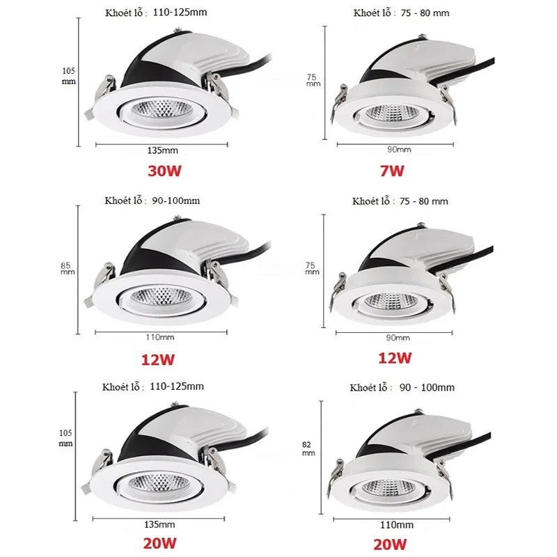 Kích thước loại đèn LEd âm trần roi