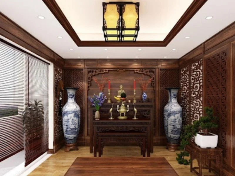 Mẫu đèn ốp trần gỗ đẹp cho phòng thờ