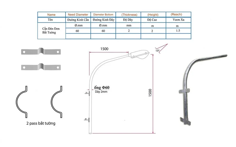 Bản vẽ kỹ thuật cần đèn gắn tường