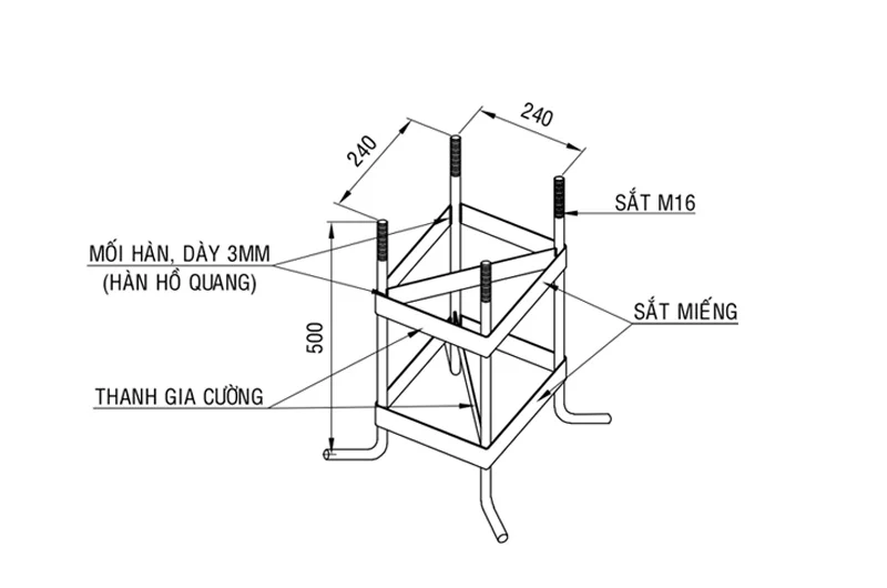 Bản vẽ, kích thước khung móng M16x240x240x50