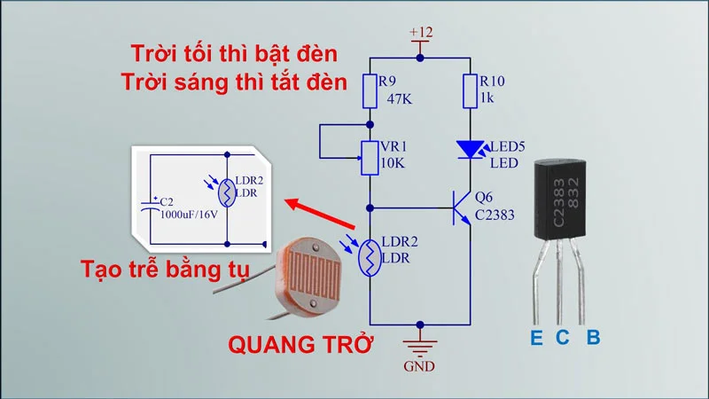 Sơ đồ nguyên lý mạch cảm biến ánh sáng dùng quang trở