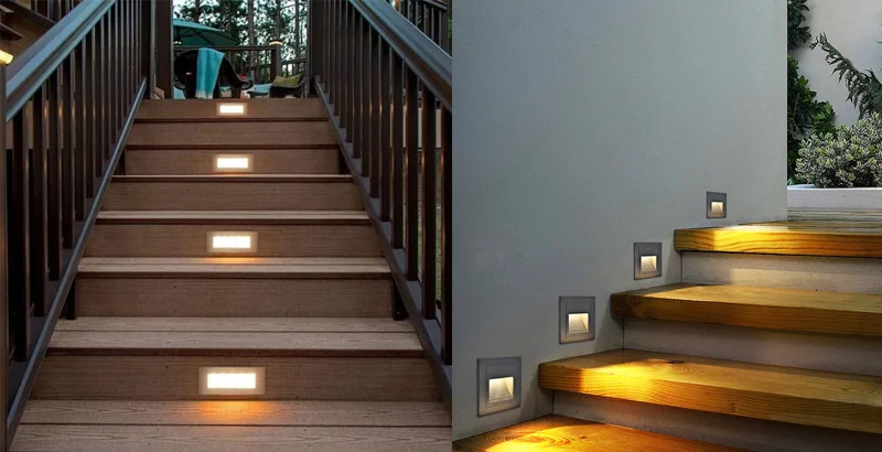 Ảnh thực tế đèn LED chân bậc cầu thang trong nhà và ngoài trời