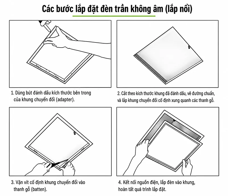 Các bước lắp nổi ốp trần đèn panel 600x600