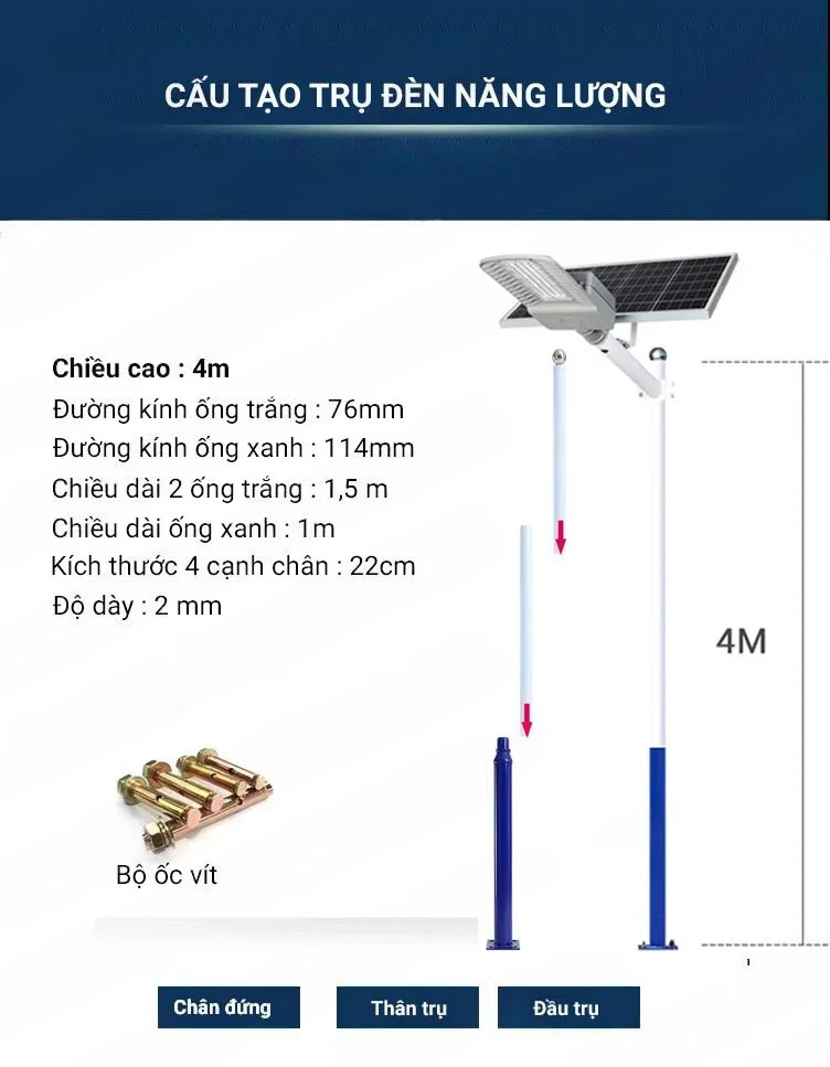 Cấu tạo trụ đèn năng lượng mặt trời HLVMT-04TRU 4m