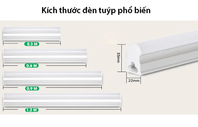 Kích thước đèn LED tuýp phổ biến
