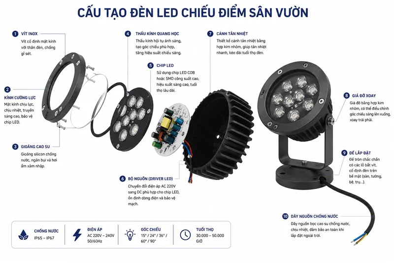 Cấu tạo đèn LED cắm cỏ chân cắm kết hợp chân đế