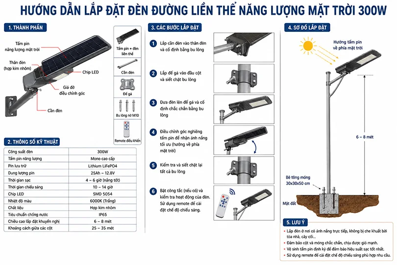 Hướng dẫn lắp đặt đèn đường năng lượng mặt trời 300W liền thể