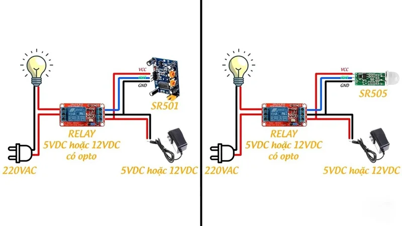 Sơ đồ lắp đặt cảm biến chuyển động cho đèn