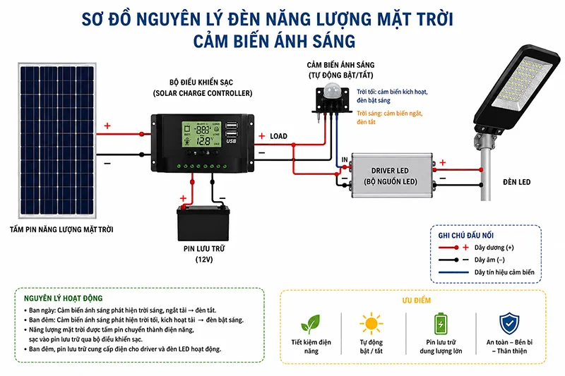 Sơ đồ nguyên lý đèn năng lượng mặt trời cảm biến ánh sáng