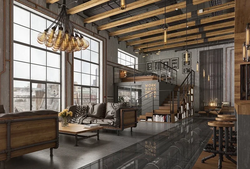 Trang trí trần quán cà phê lộ trần Industrial