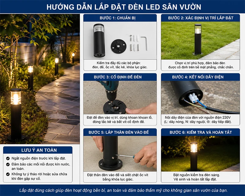 Các bước lắp đèn LED sân vườn