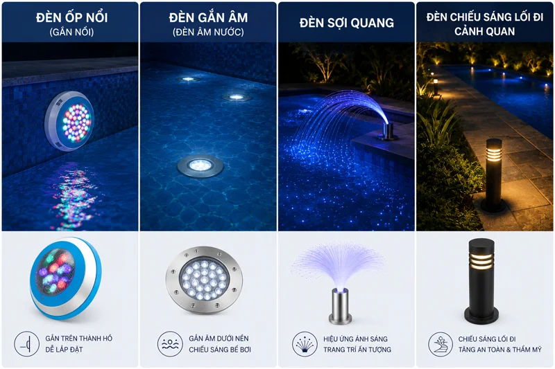 Các kiểu đèn chiếu sáng bể bơi