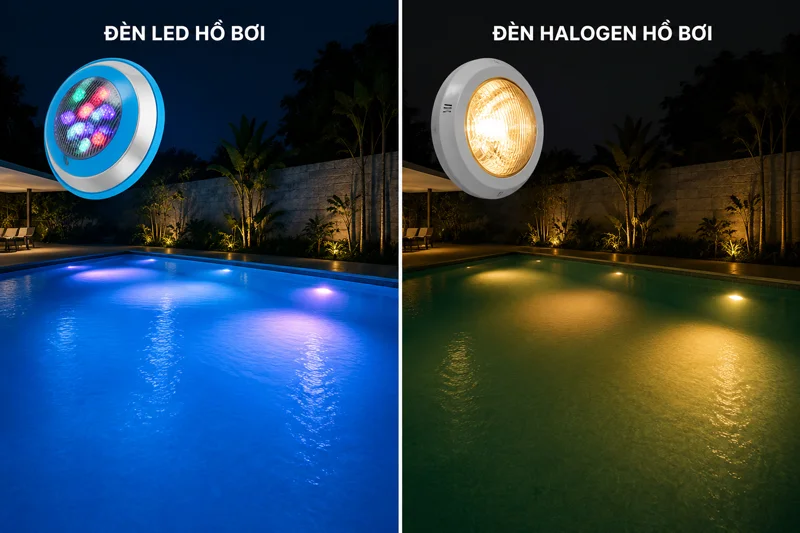 So sánh đèn LED hồ bơi với đèn halogen