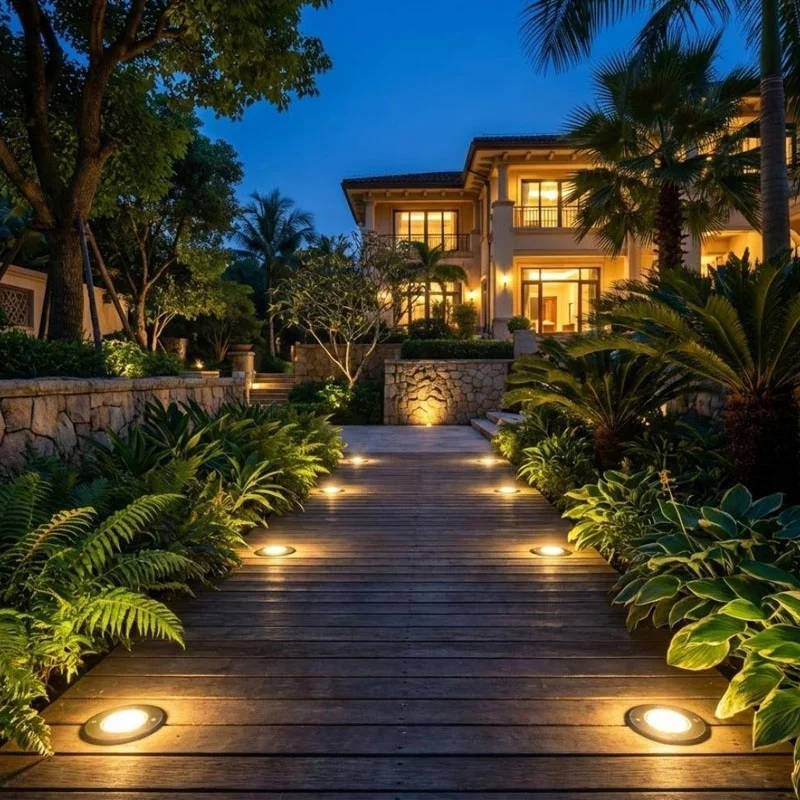 Đèn LED âm đất lắp đặt 2 bên dọc theo lối đi