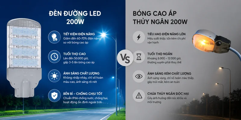 Ưu điểm đèn đường LED 200w so với bóng cao áp thủy ngân