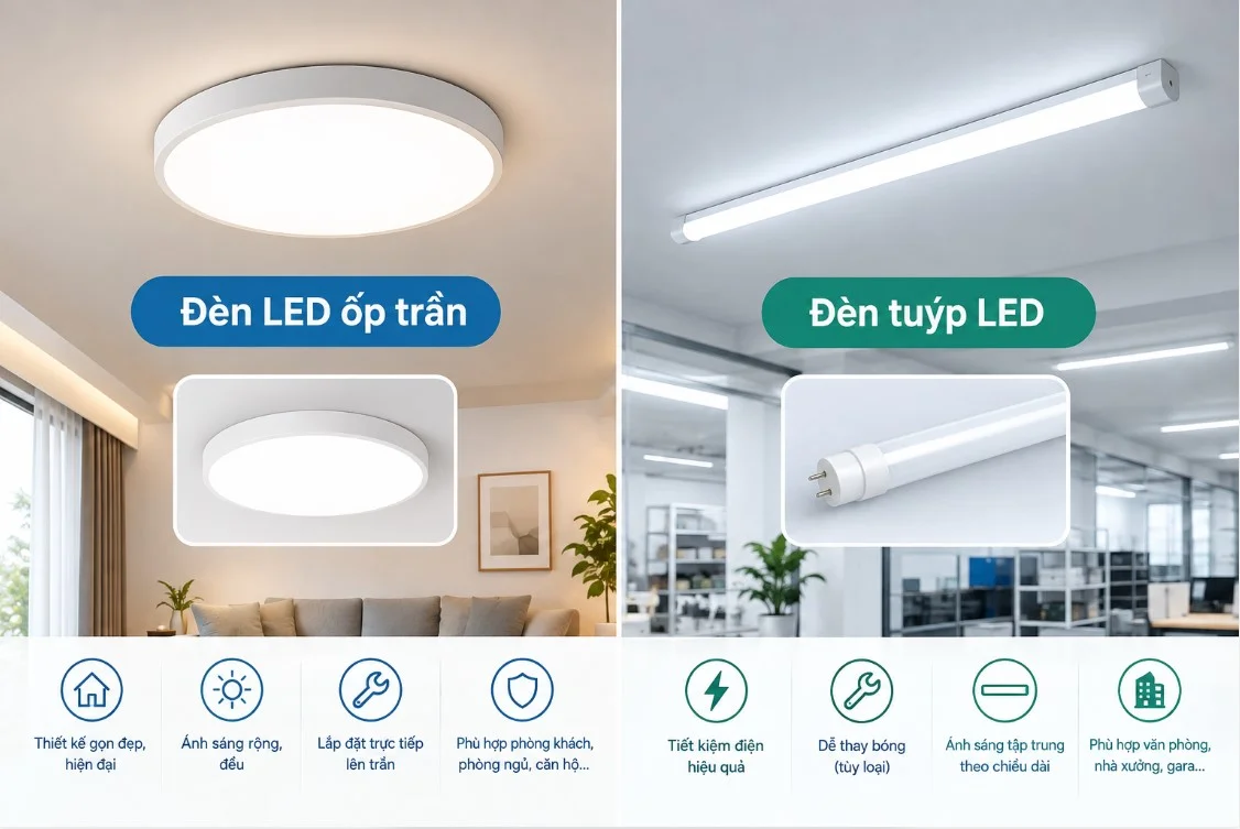 So sánh đèn ốp trần và đèn tuýp LED