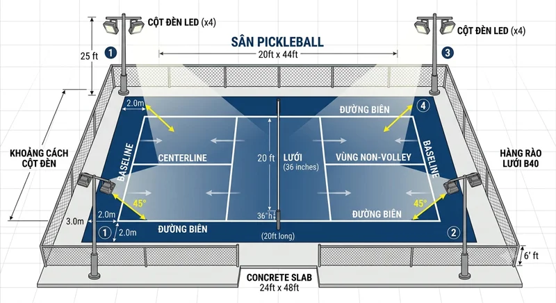 Sơ đồ bố trí 4 cột đèn sân pickleball
