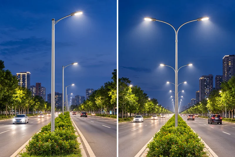 So sánh cột đèn đơn với cột đèn đôi cho dải phân cách