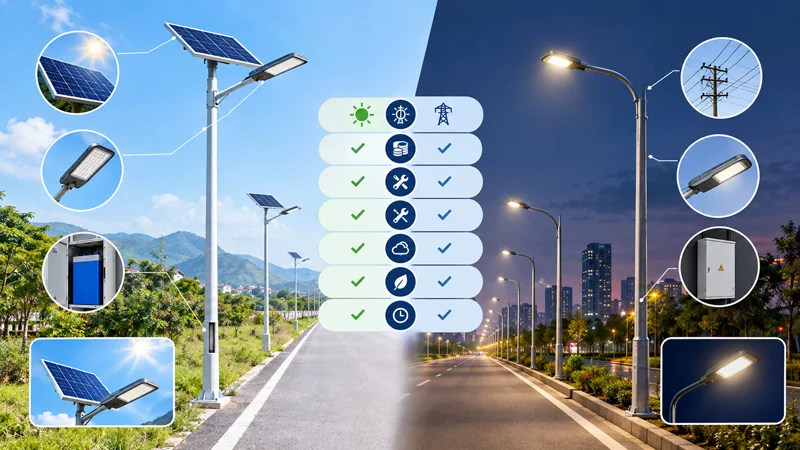 So sánh cột đèn đường năng lượng mặt trời với cột đèn điện