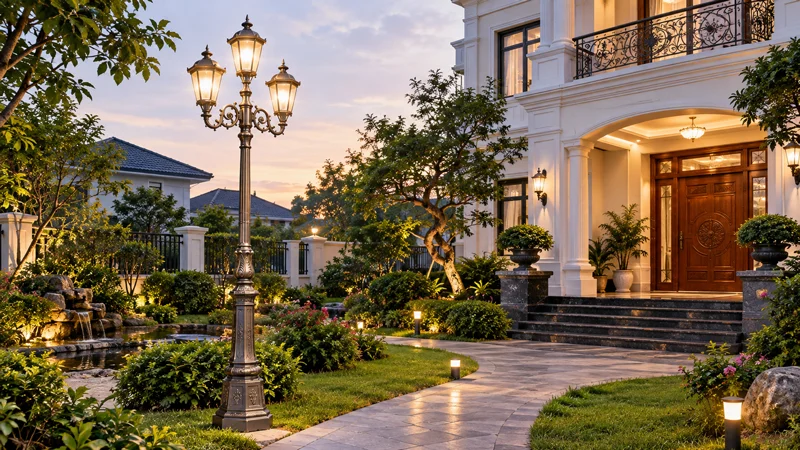Ứng dụng của cột đèn nhôm đúc trang trí biệt thự sân vườn