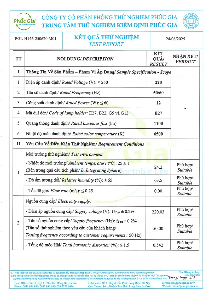 Ảnh 2 kết quả thử nghiệm đèn bulb hlids2-12