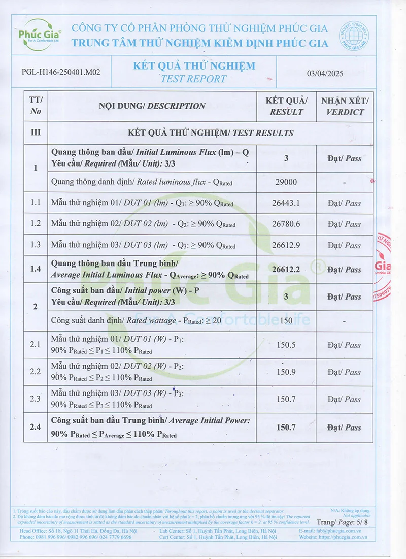 Ảnh nội dung kết quả thử nghiệm HLS30-150