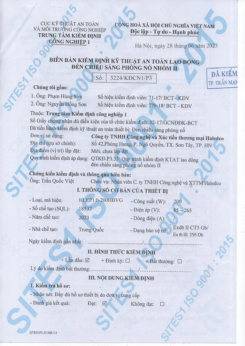 Bản kiểm định kỹ thuật đèn chống nổ HLEP1.0-200HBVG