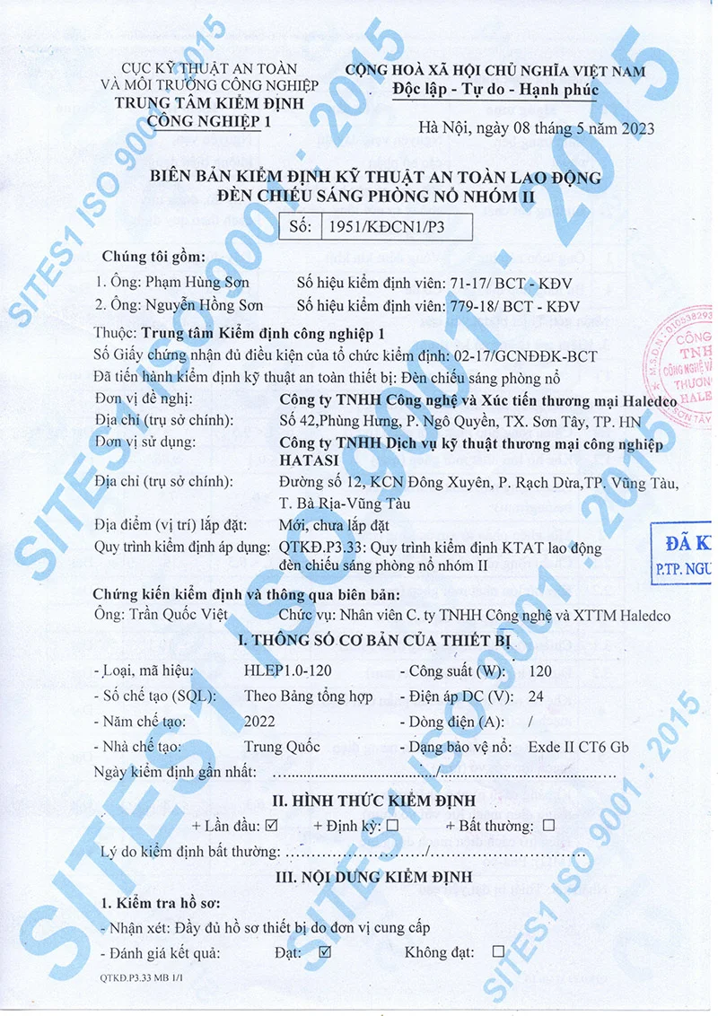 Biên bản kiểm định chất lượng đèn chống nổ HLEP1.0-120