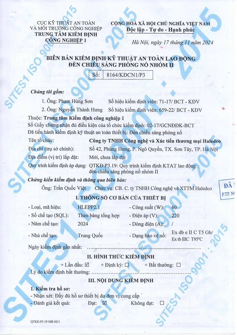 Biên bản kiểm định đèn chống nổ HLEPP2.1
