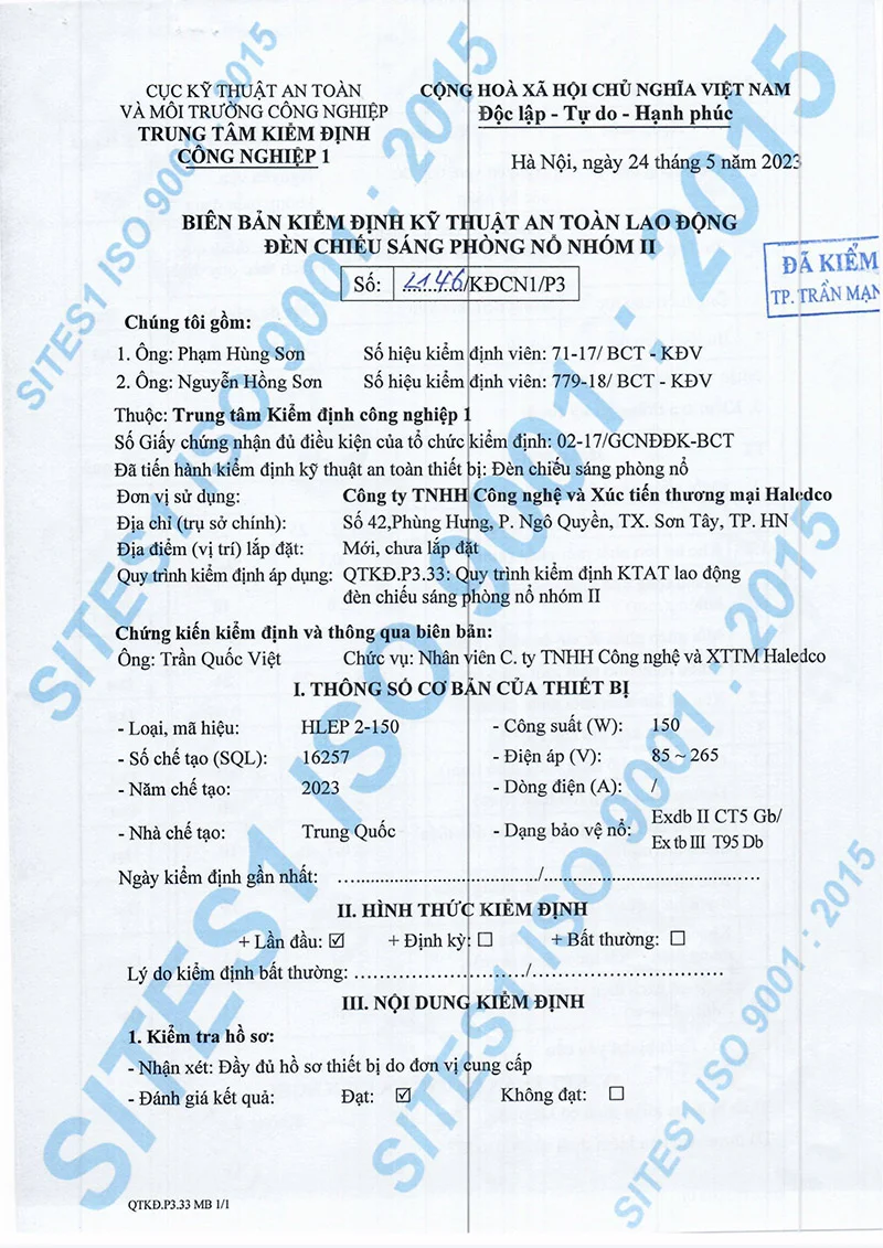 Biên bản kiểm định đèn chống nổ HLEP2-150