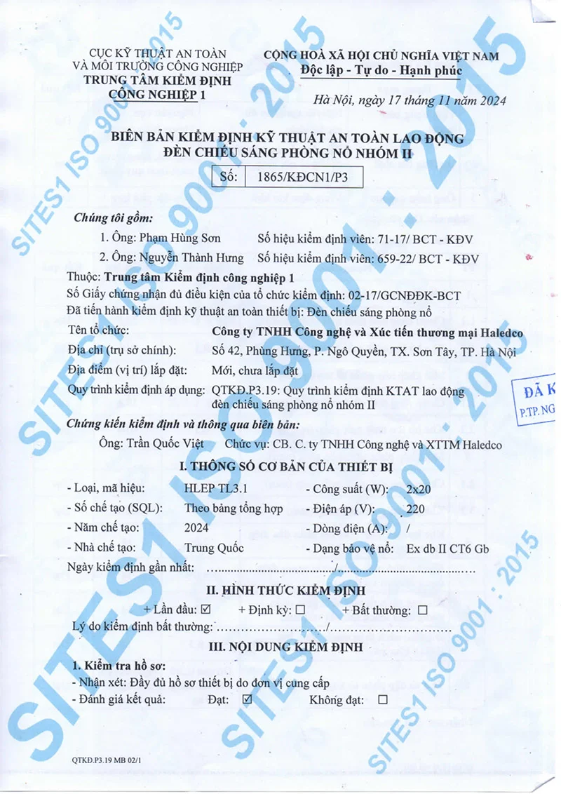 Biên bản kiểm định kỹ thuật đèn HLEP TL3.1