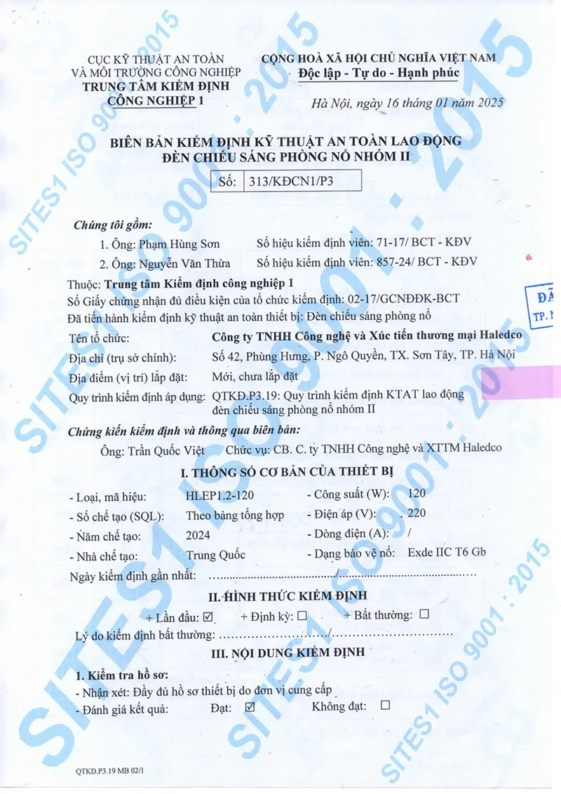 Biên bản kiểm định kỹ thuật đèn HLEP1.2-120