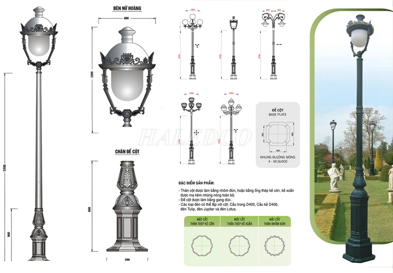 Trụ đèn sân vườn gồm các bộ phận chính sau: