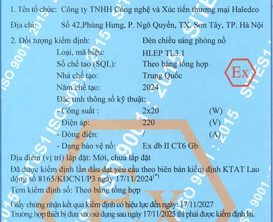 Công bố kết quả kiểm định đèn chống nổ HLEP TL3.1