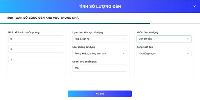 Công cụ tính số lượng bóng đèn LED âm trần tiết kiệm điện