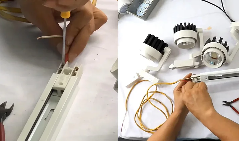 Nối dây điện nguồn với 2 cực điện của thanh ray